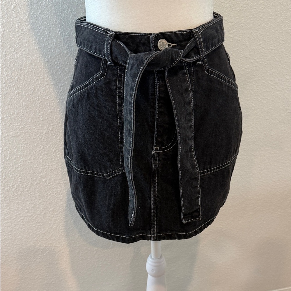 Black Denim Tie-Waist Mini Skirt